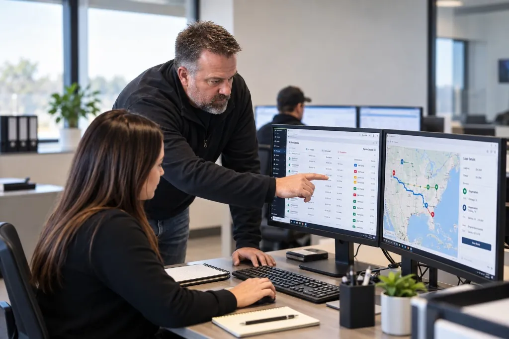 Dispatch CRM board with load rows, lane details, and SLA timers on dual monitors.