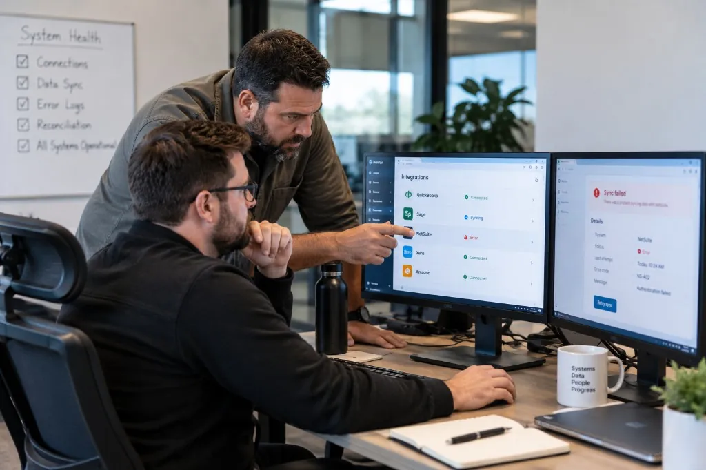 Finance integration console showing sync status, retry history, and reconciliation for QuickBooks.