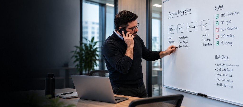 Operations lead mapping TMS, API, middleware, and ERP integration on a whiteboard during a system health review.