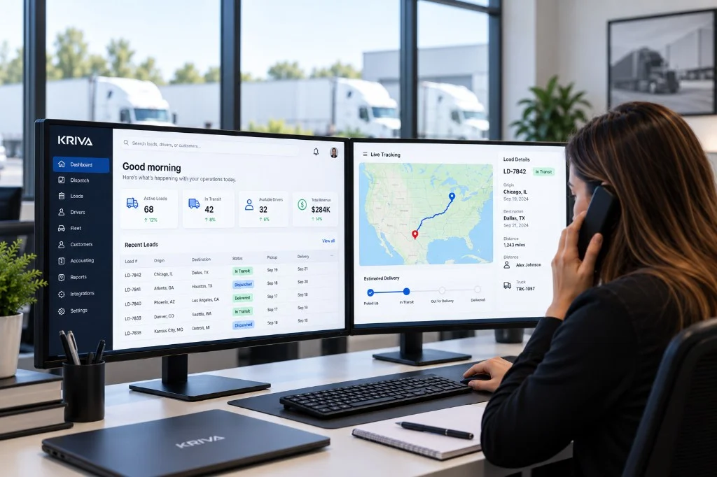 Dispatch operator on the phone at a dual-monitor KRIVA dispatch console with load tracking map; fleet trucks visible through the office window.