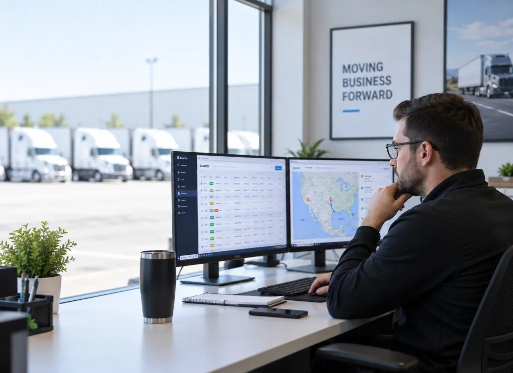 Dispatcher reviewing a load list and route map on two monitors, with a row of trucks parked outside the office window.