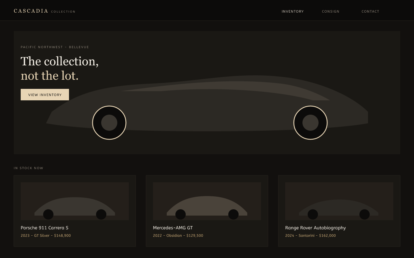 Cascadia Collection luxury automotive homepage: inventory-led hero and in-stock vehicles, website UI/UX and design by KRIVA