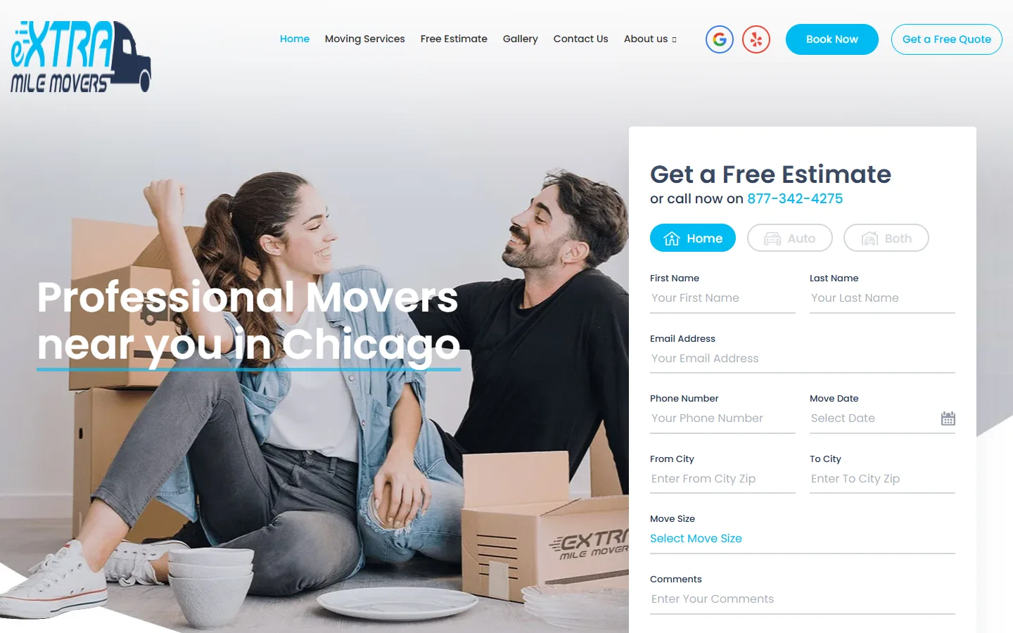 Extra Mile Movers website homepage: Chicago moving company, website UI/UX and design by KRIVA