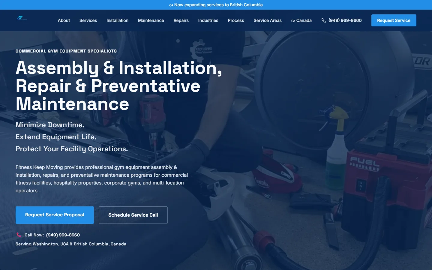 Keep Moving Fitness website homepage: commercial gym equipment services, website UI/UX and design by KRIVA