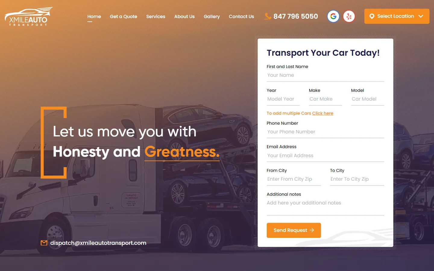 Xmile Group transport and moving websites: vehicle shipping homepage with quote form, website UI/UX and design by KRIVA